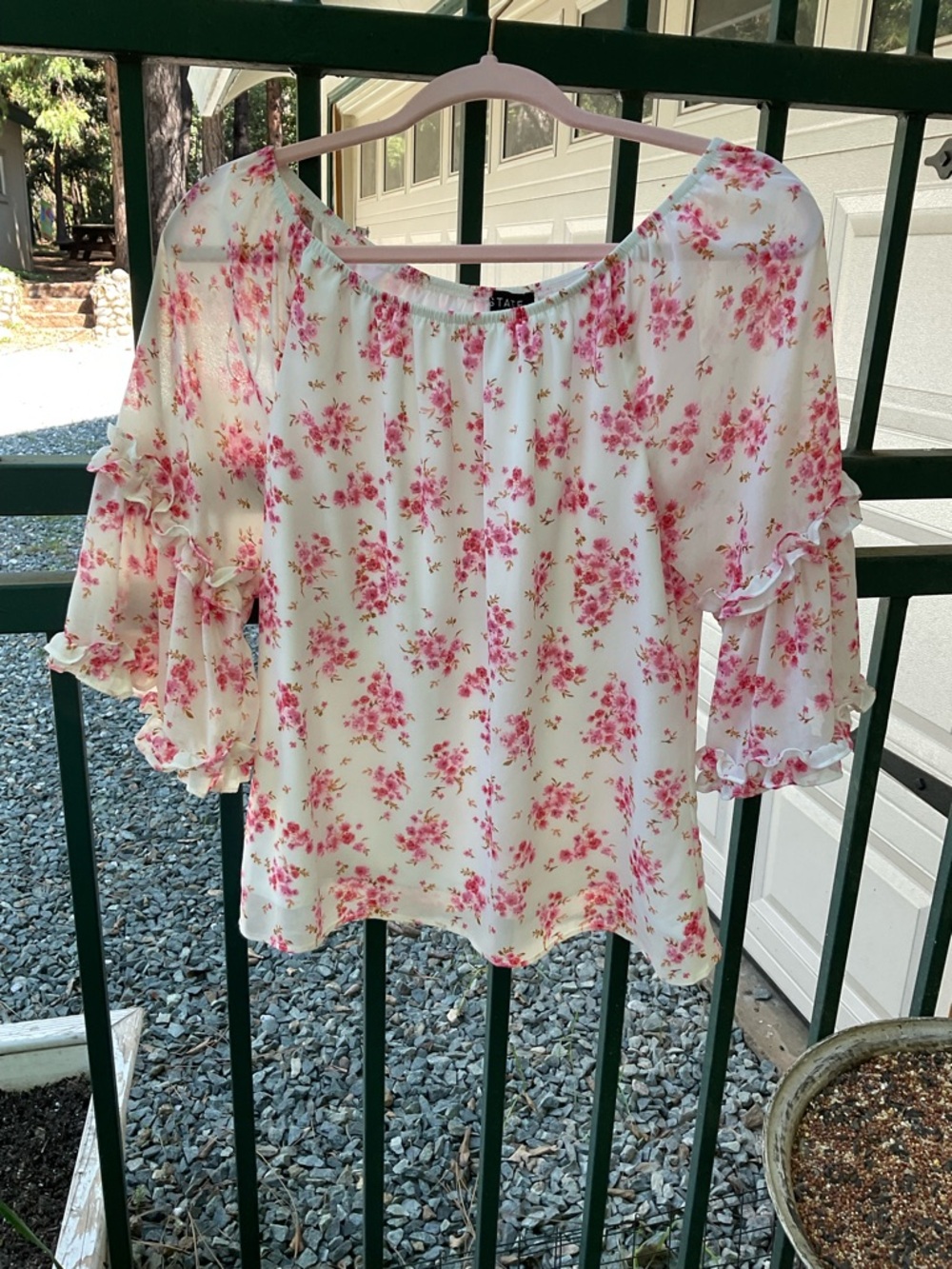 6-2026-1. State White Blouse with Pink Floral Ruffles Small